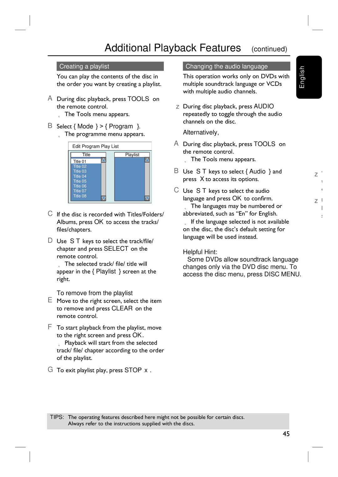 Philips 3400 user manual Creating a playlist Changing the audio language, To remove from the playlist 