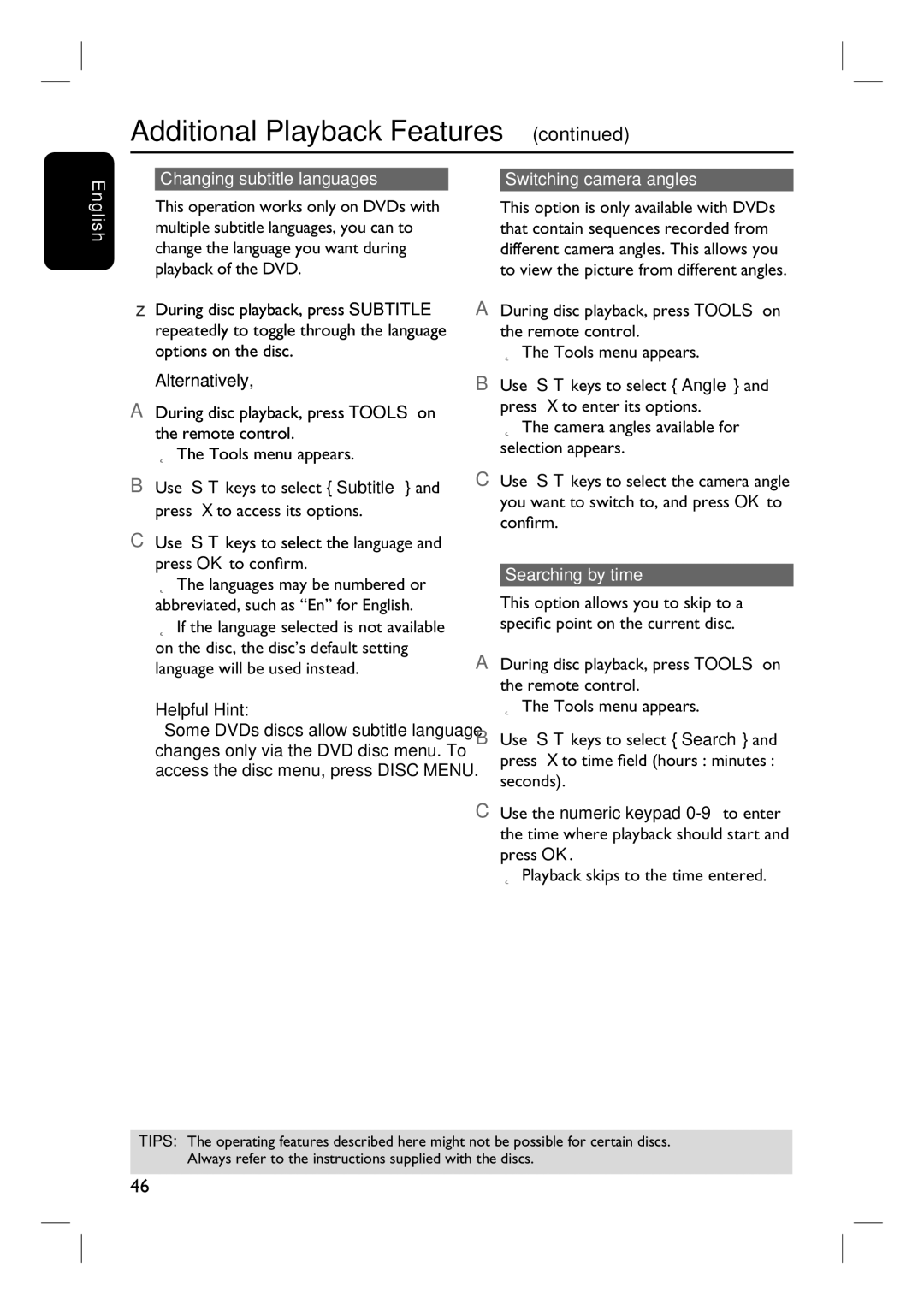 Philips 3400 user manual Changing subtitle languages Switching camera angles English, Searching by time 