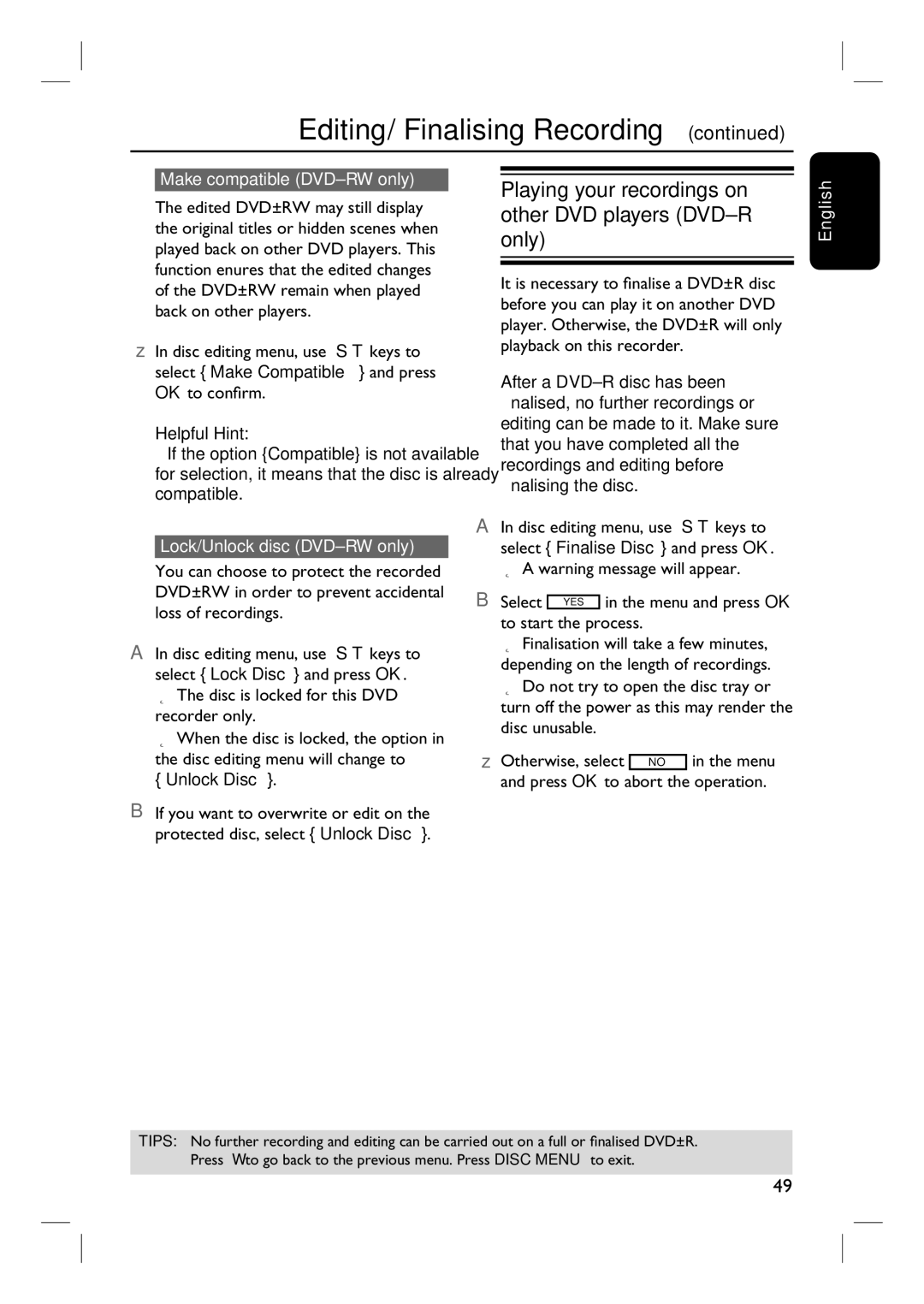 Philips 3400 user manual Playing your recordings on other DVD players DVD±R only, Make compatible DVD±RW only, Unlock Disc 