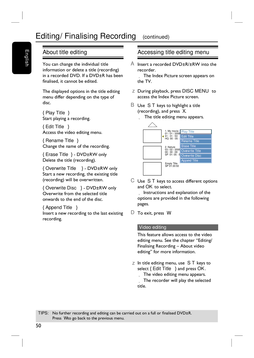 Philips 3400 user manual About title editing Accessing title editing menu, Video editing 