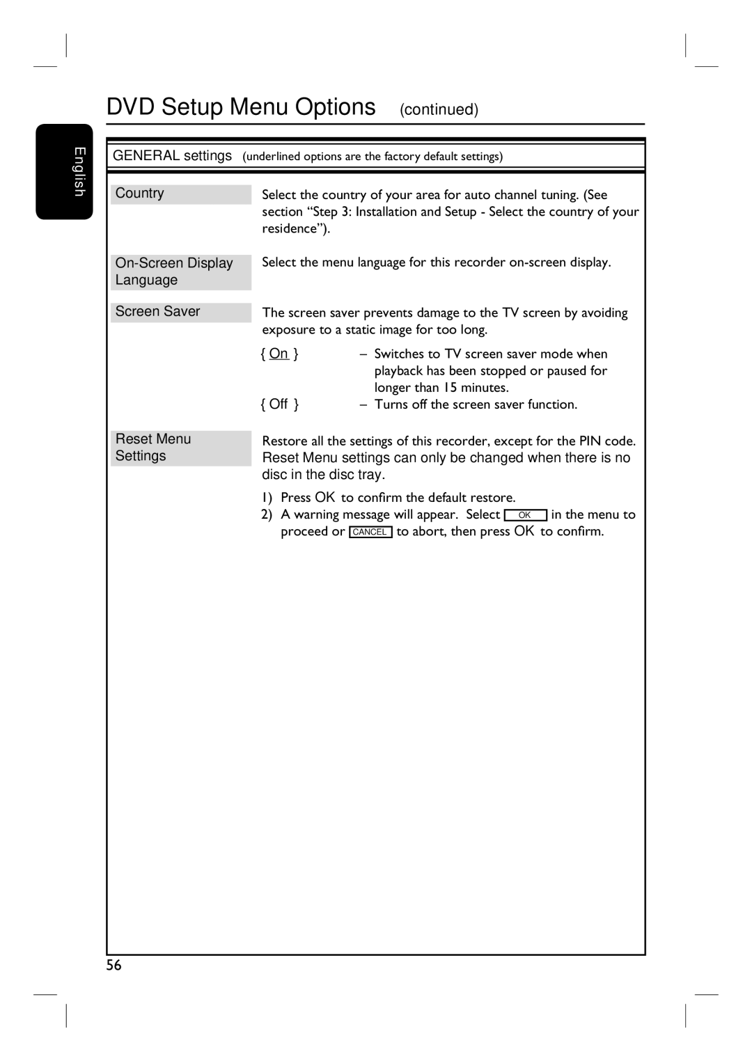 Philips 3400 user manual Country, On-Screen Display Language Screen Saver, Reset Menu Settings 