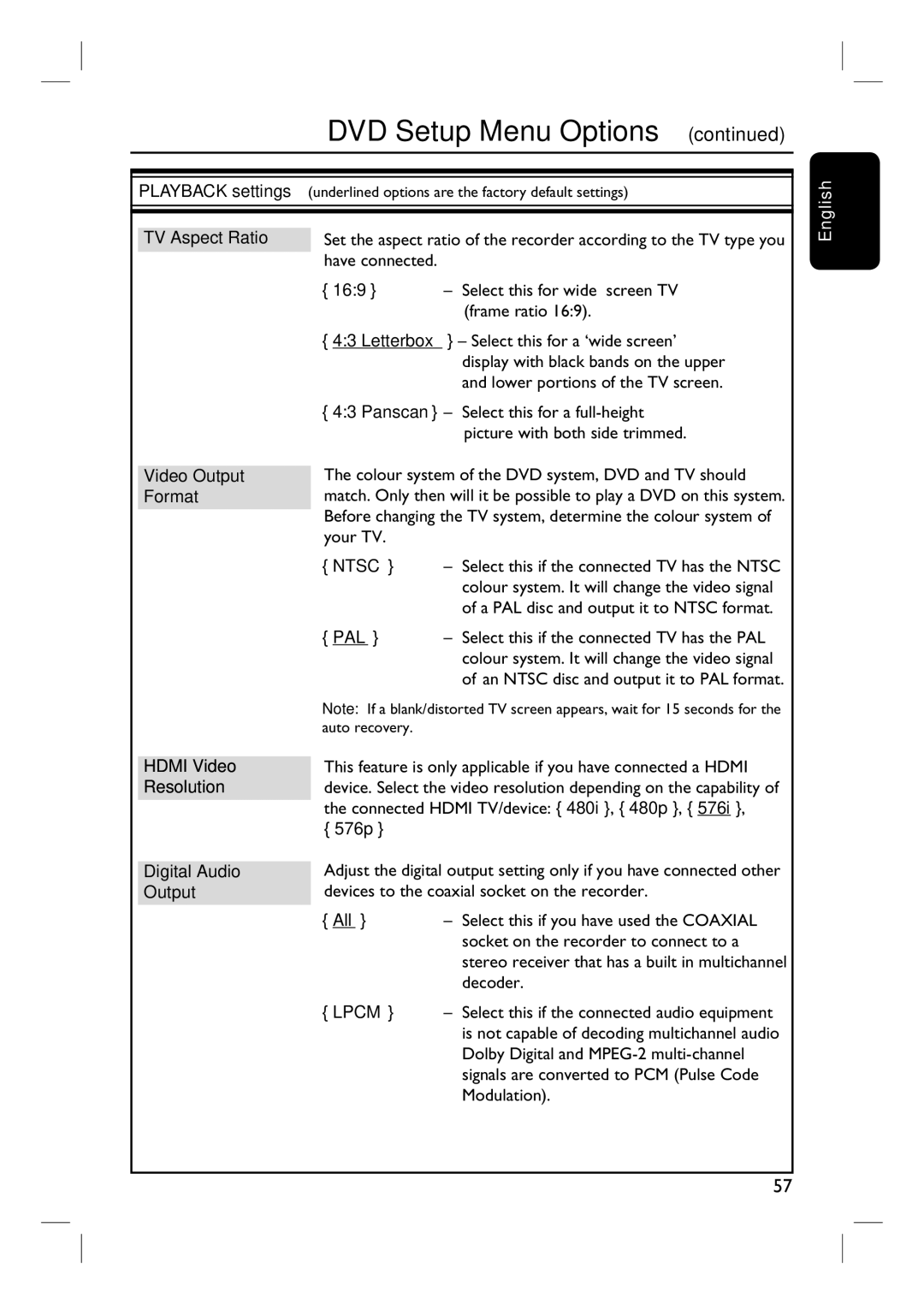 Philips 3400 user manual 169, Video Output Format, Hdmi Video, Resolution, 576p Digital Audio Output 