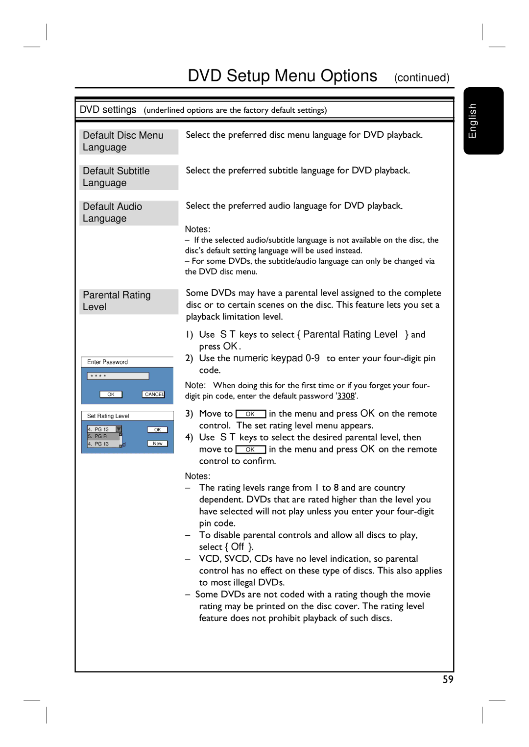 Philips 3400 user manual Parental Rating Level, Control. The set rating level menu appears 