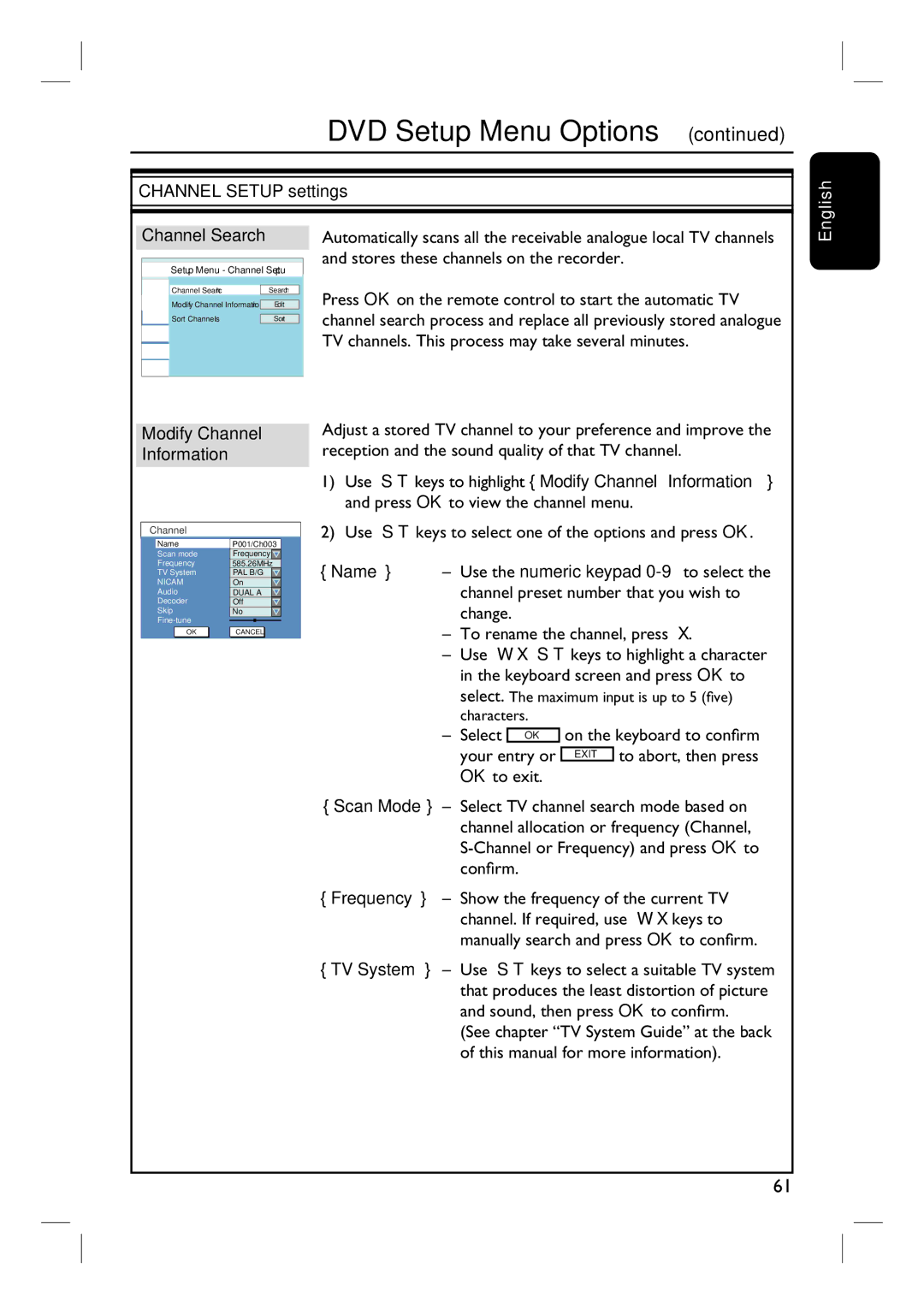 Philips 3400 user manual Channel Setup settings, Channel Search, Modify Channel Information, Your entry or 