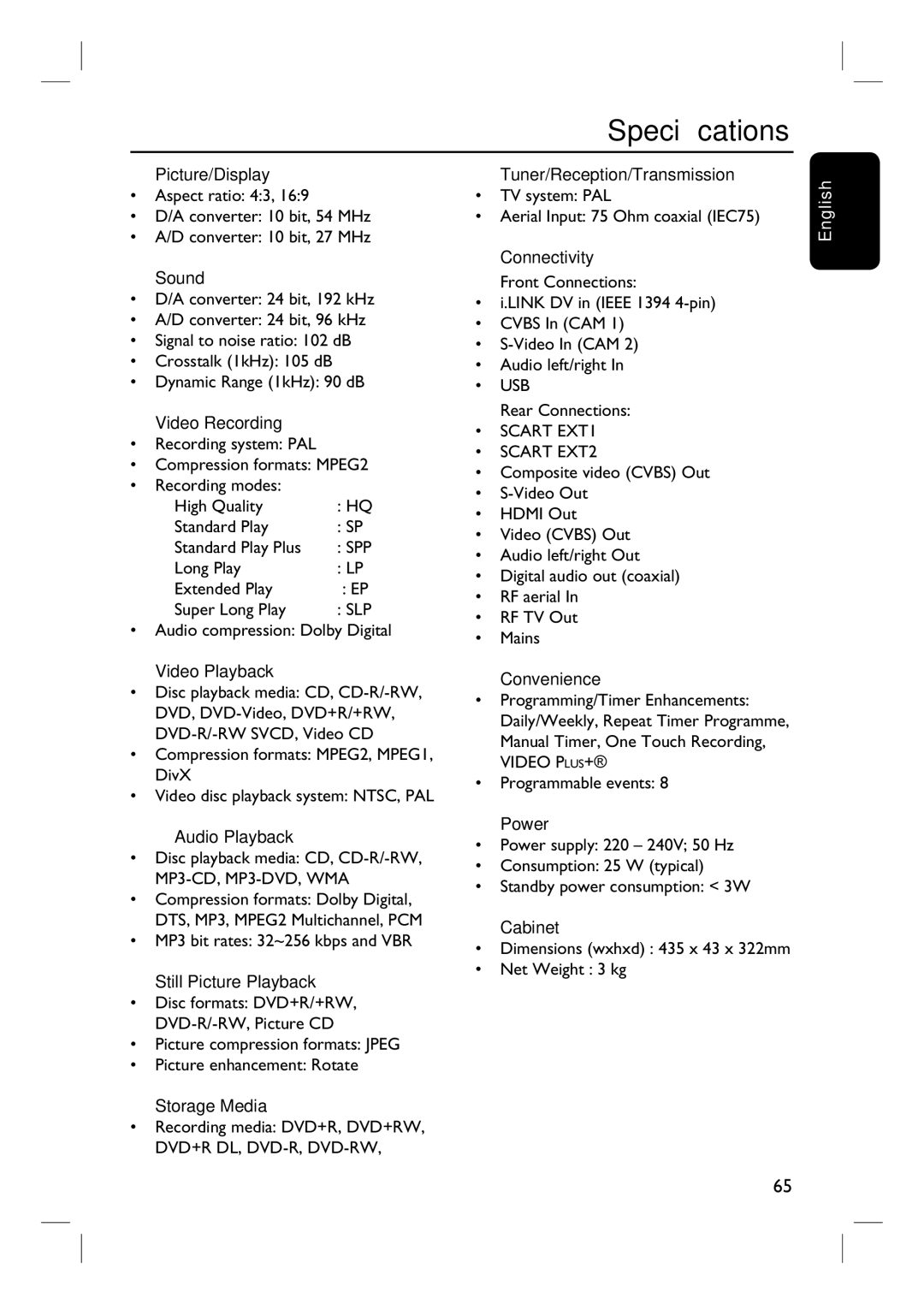 Philips 3400 user manual Specifications 