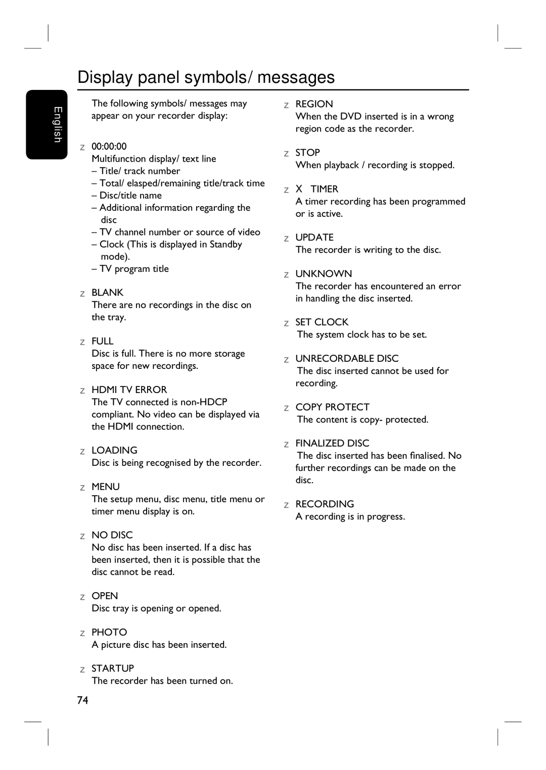 Philips 3400 user manual Display panel symbols/ messages 