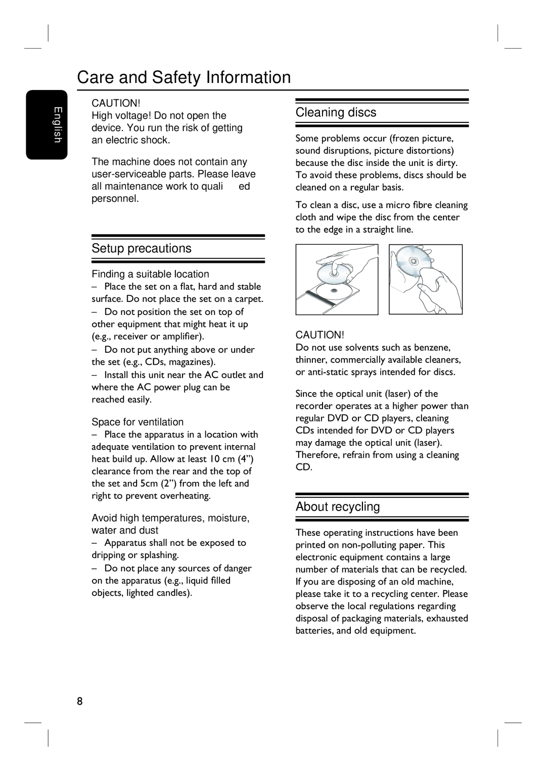 Philips 3400 user manual Care and Safety Information, Setup precautions, Cleaning discs, About recycling 