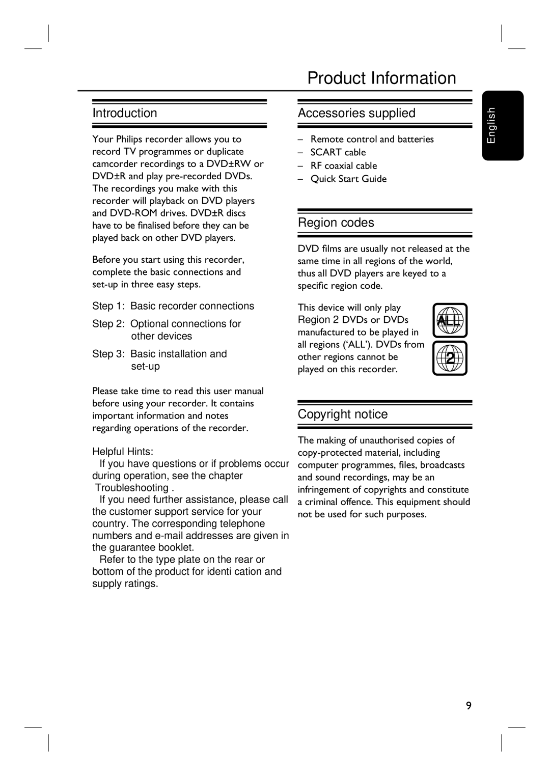 Philips 3400 user manual Product Information, Introduction, Accessories supplied, Region codes, Copyright notice 