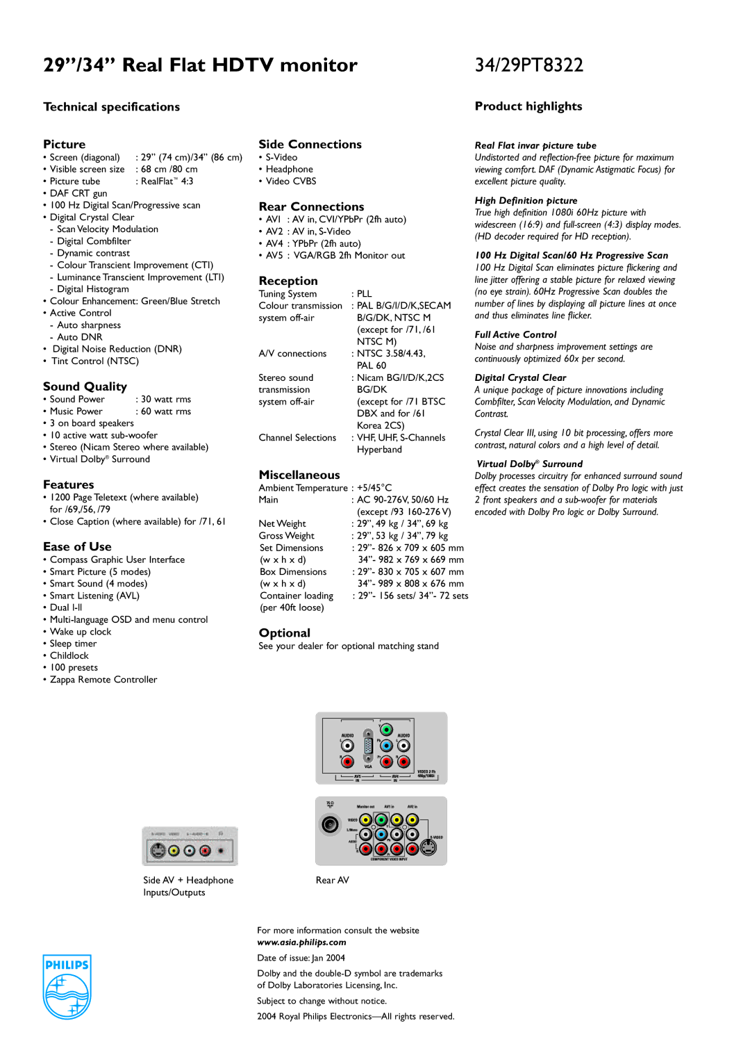 Philips 34/29PT8322 manual Technical specifications Picture, Product highlights, Side Connections, Sound Quality, Features 