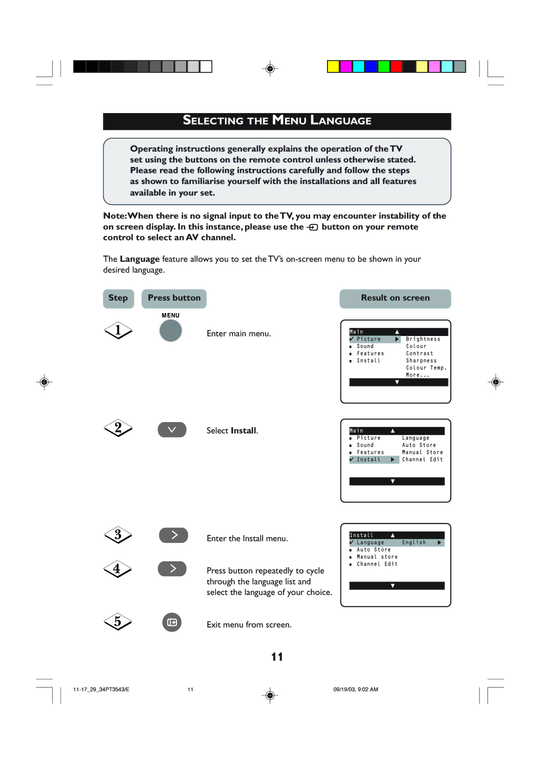Philips 29PT3543, 34PT35433 operating instructions Selecting the Menu Language, Step Press button, Result on screen 