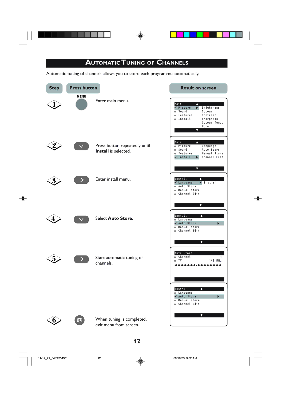 Philips 34PT35433, 29PT3543 operating instructions Automatic Tuning of Channels, ¸ Select Auto Store, Result on screen 