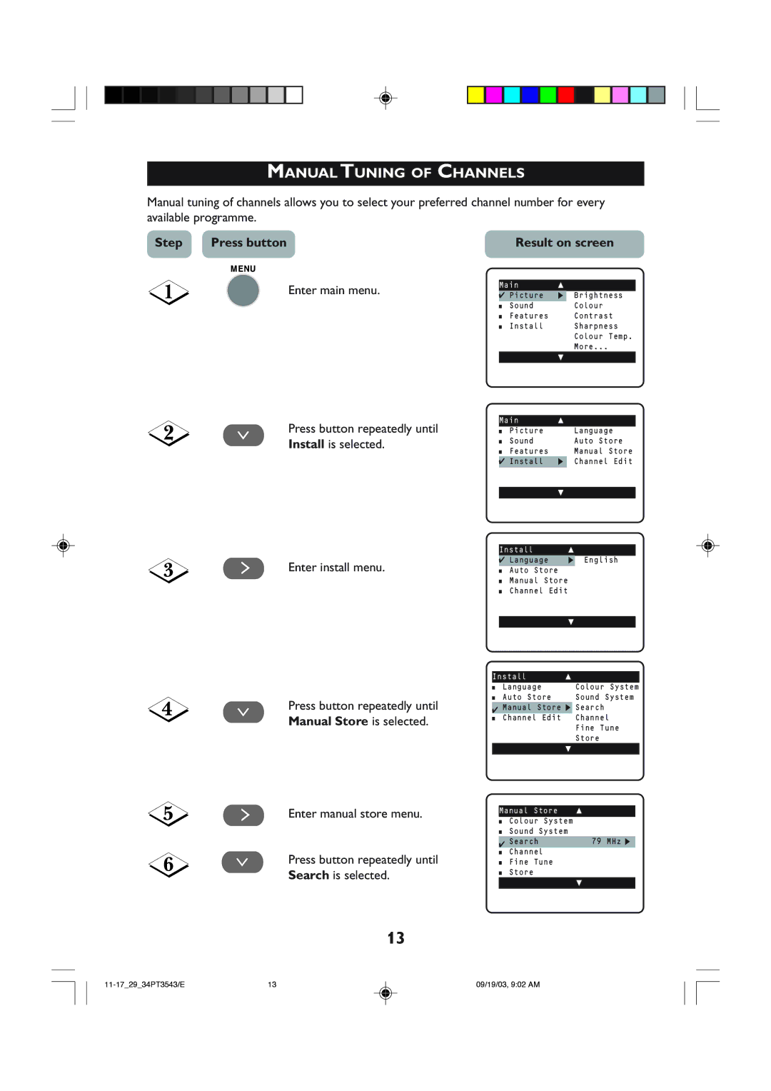 Philips 29PT3543, 34PT35433 operating instructions Manual Tuning of Channels, Manual Store 
