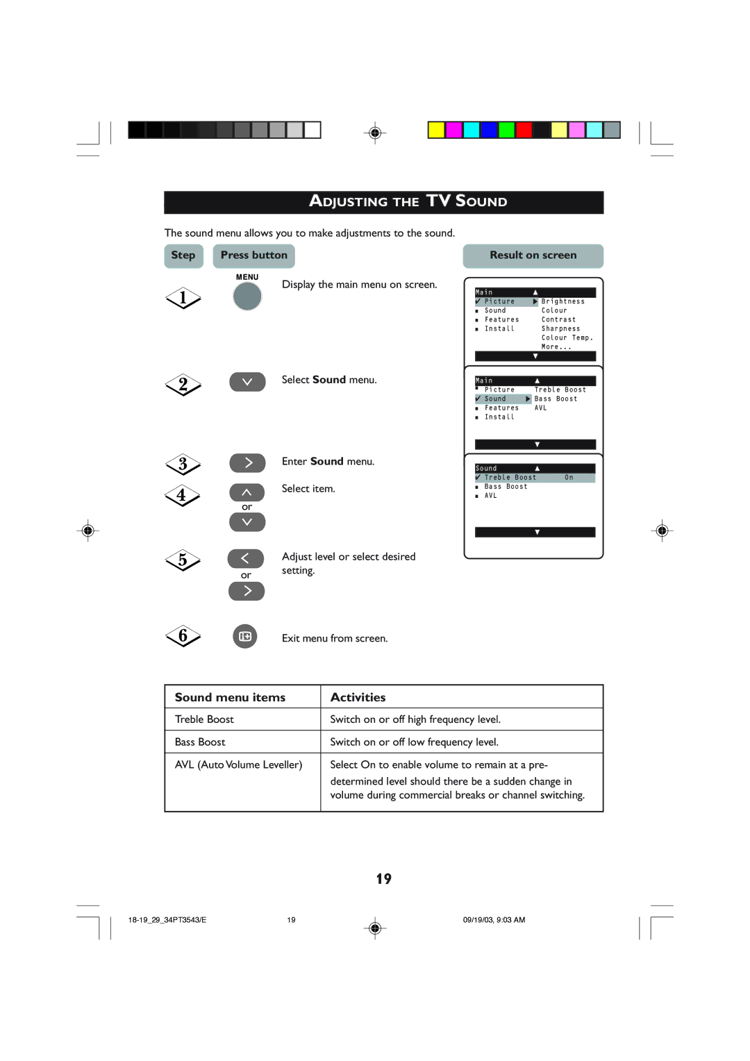 Philips 29PT3543, 34PT35433 Adjusting the TV Sound, Sound menu items Activities, Step Press buttonResult on screen 