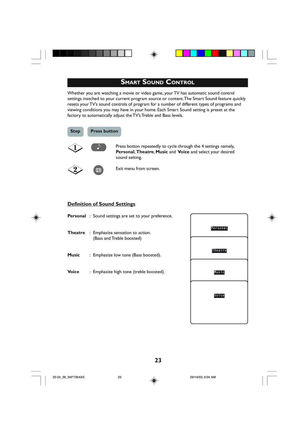 Philips 29PT3543, 34PT35433 operating instructions Smart Sound Control, Definition of Sound Settings 