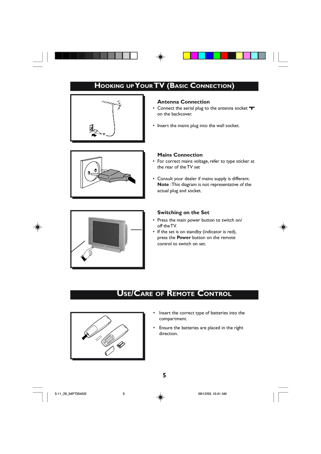 Philips 29PT3543 Hooking UP Your TV Basic Connection, Antenna Connection, Mains Connection, Switching on the Set 