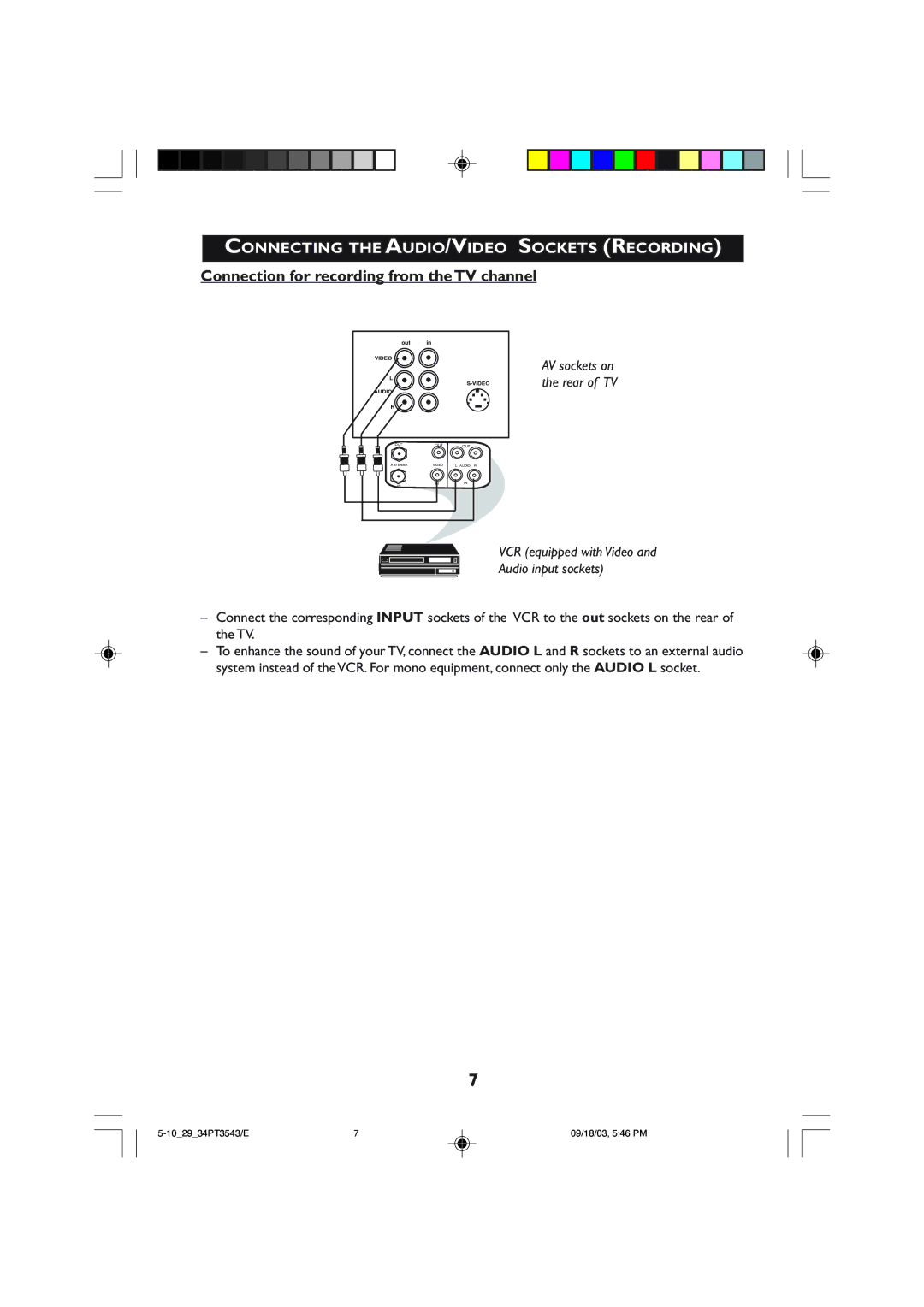 Philips 29PT3543, 34PT35433 Connecting the AUDIO/VIDEO Sockets Recording, Connection for recording from the TV channel 