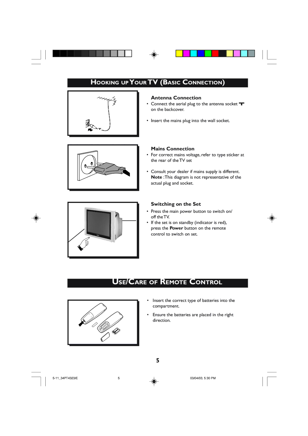 Philips 29PT4323, 34PT4323 Hooking UP Your TV Basic Connection, Antenna Connection, Mains Connection, Switching on the Set 