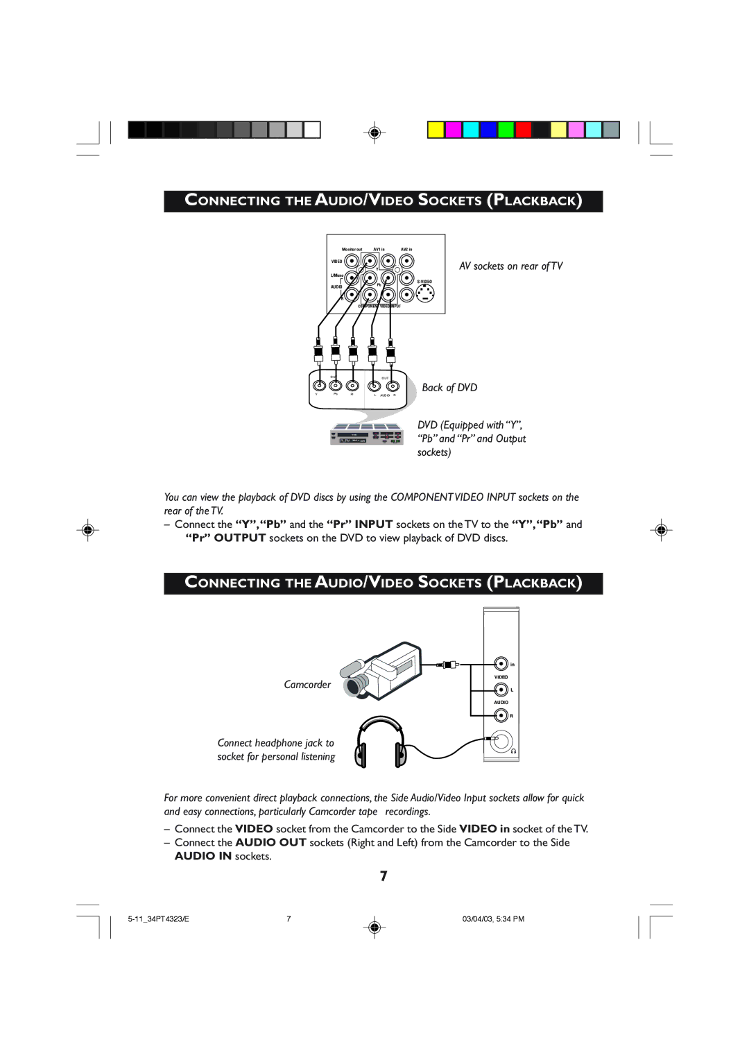 Philips 29PT4323, 34PT4323 operating instructions Connecting the AUDIO/VIDEO Sockets Plackback, Camcorder 