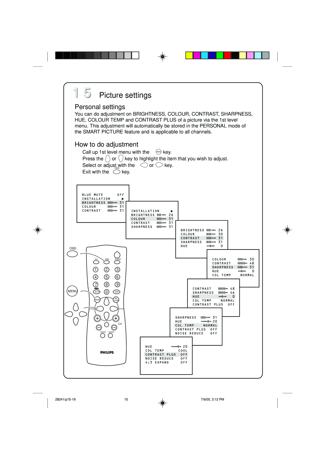 Philips 34PT4822/71R manual Picture settings, Personal settings, How to do adjustment 