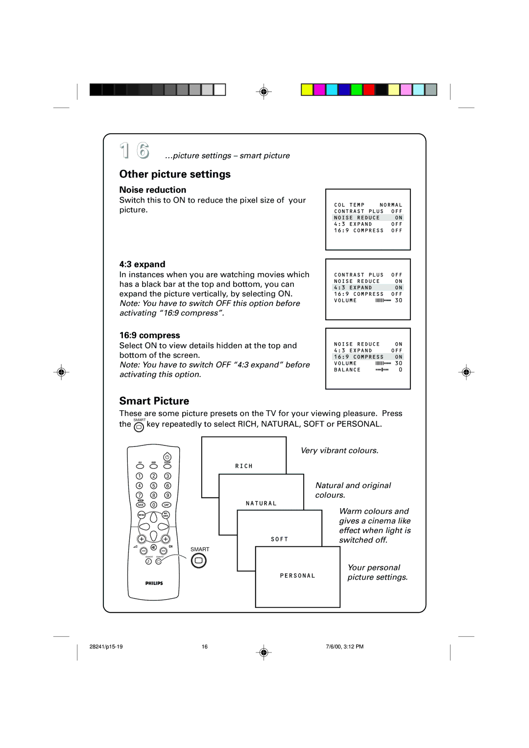 Philips 34PT4822/71R manual Other picture settings, Smart Picture, Noise reduction, Expand, Compress 
