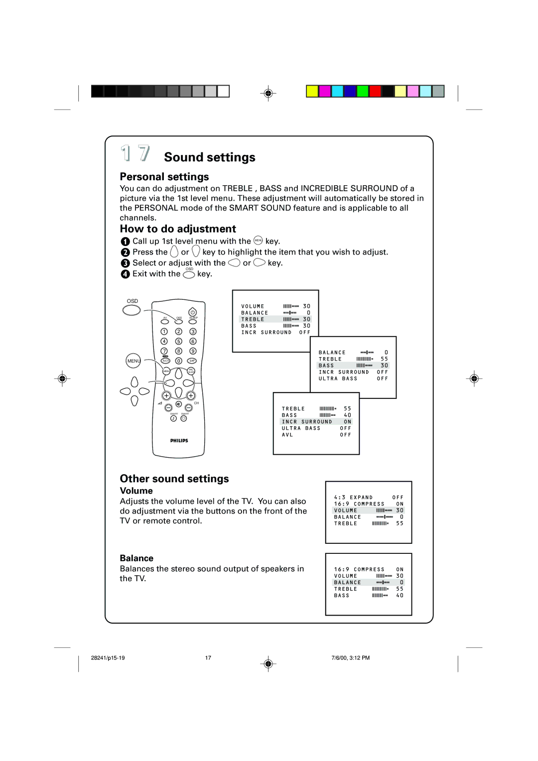 Philips 34PT4822/71R manual Sound settings, Other sound settings, Volume, Balance 