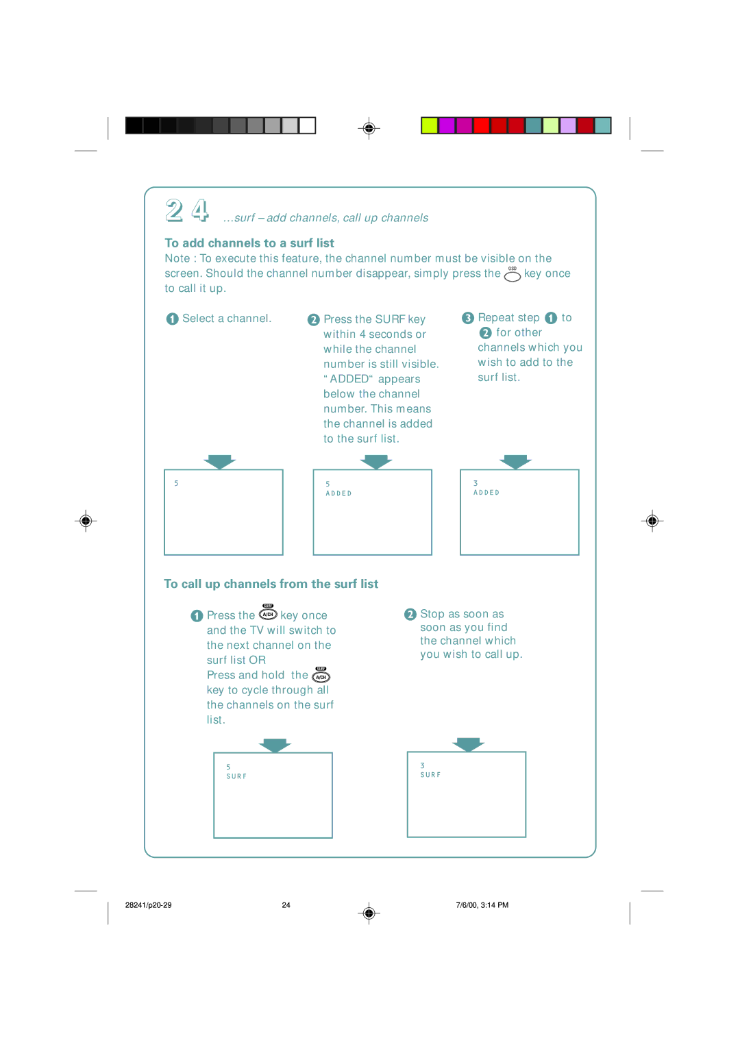 Philips 34PT4822/71R manual To add channels to a surf list, To call up channels from the surf list 