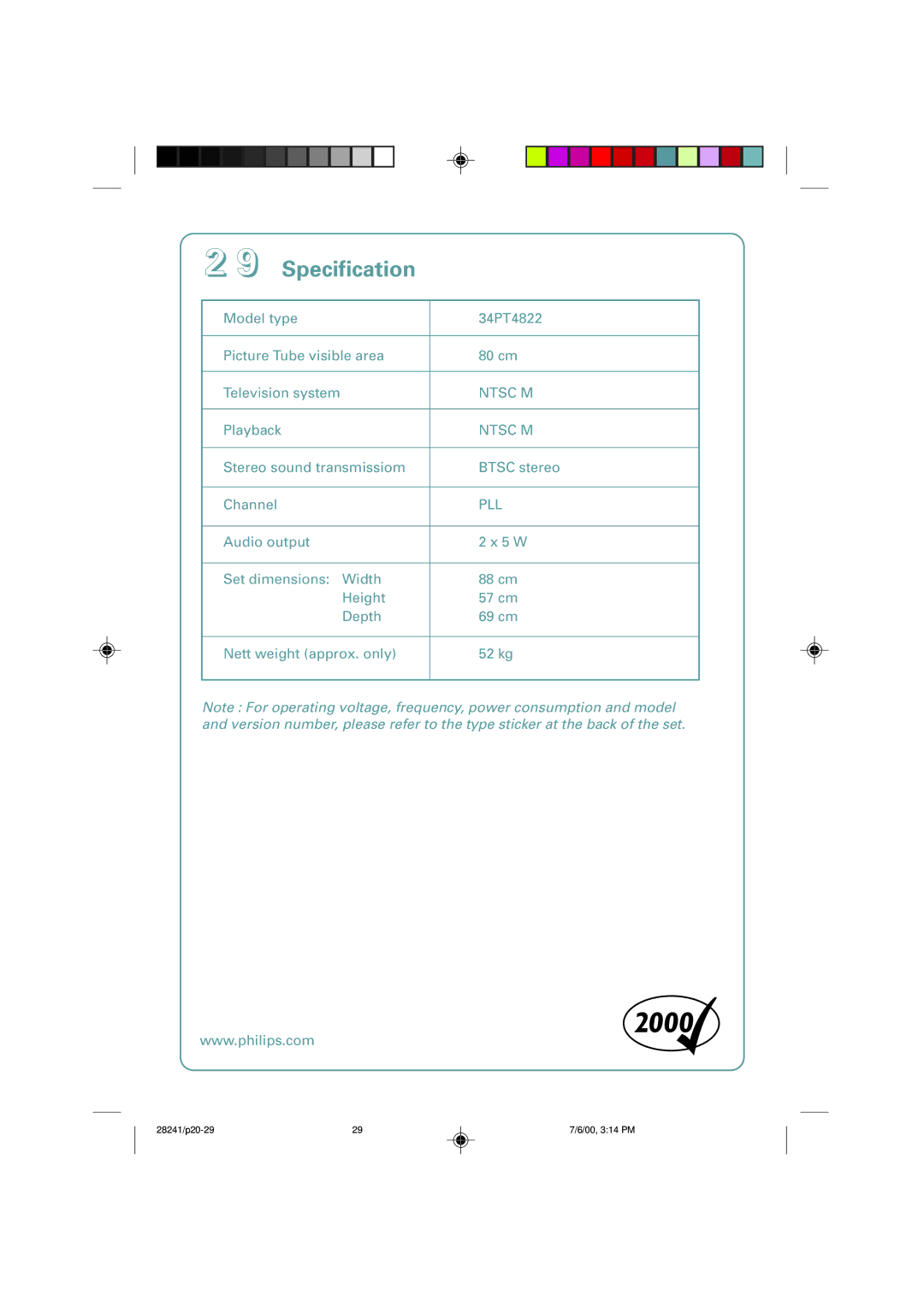 Philips 34PT4822/71R manual Specification, Ntsc M, Pll 