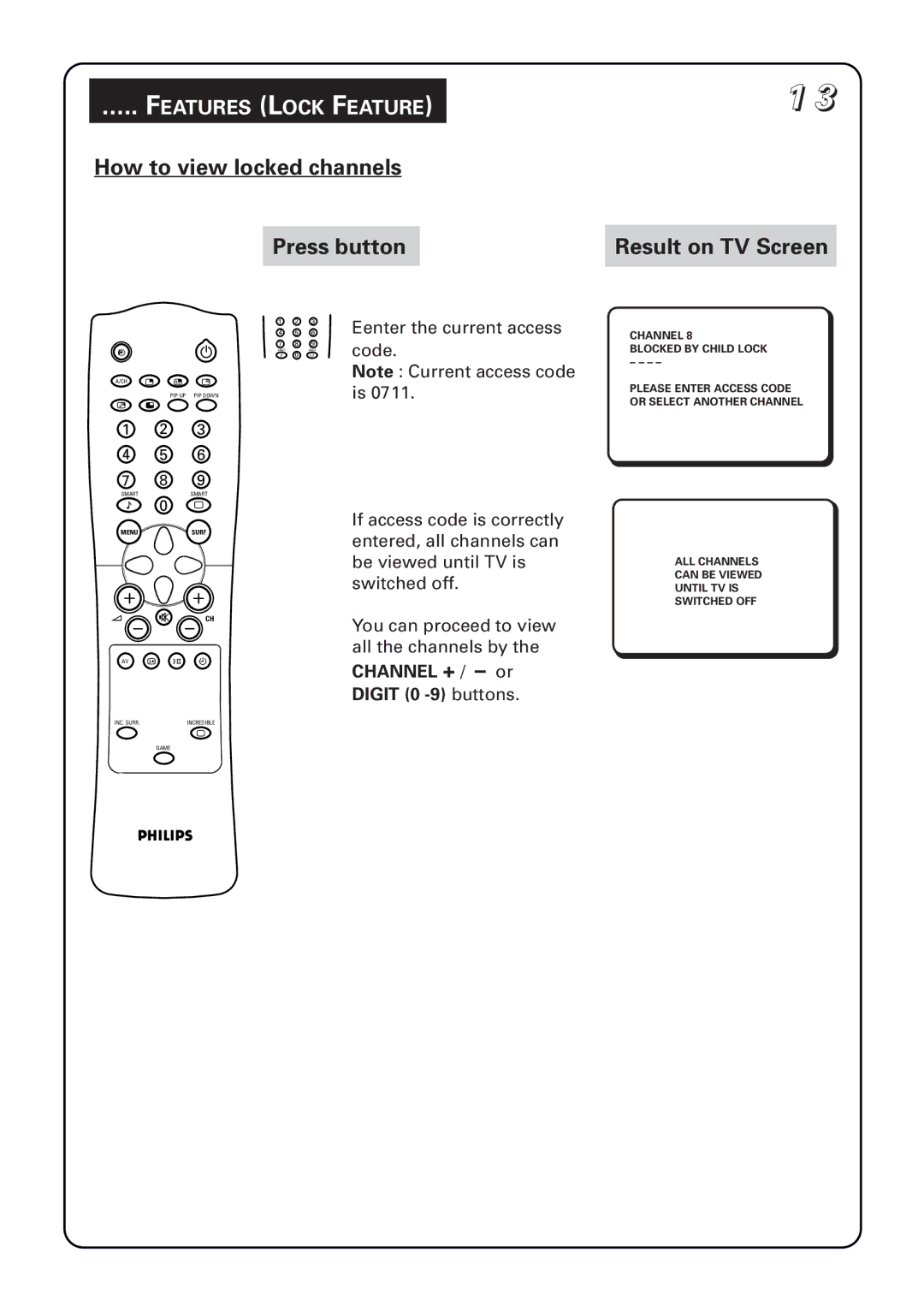 Philips 34PT5633 manual How to view locked channels Press button Result on TV Screen, Digit 0 -9 buttons 