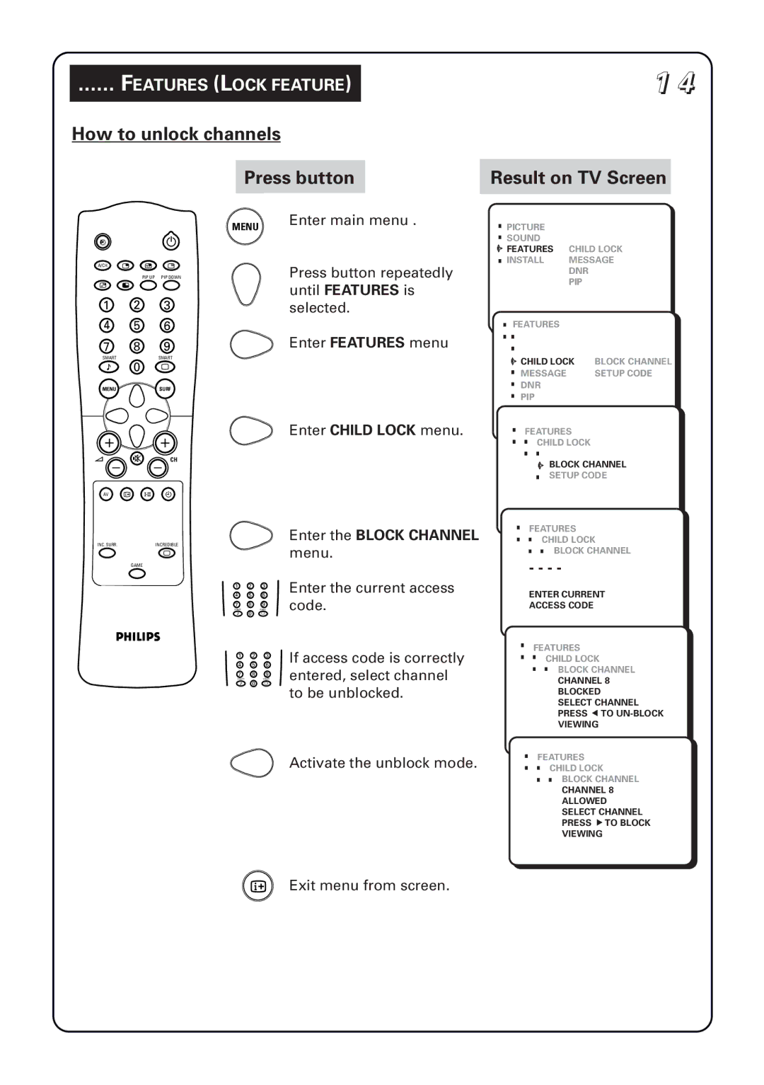 Philips 34PT5633 manual How to unlock channels Press button Result on TV Screen 