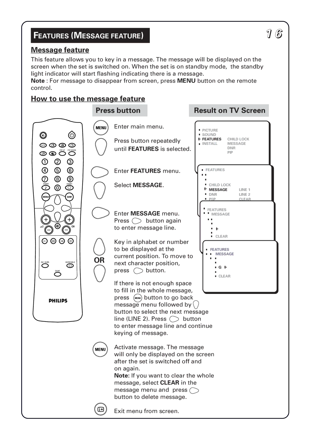 Philips 34PT5633 manual Message feature, How to use the message feature, Features Message Feature 