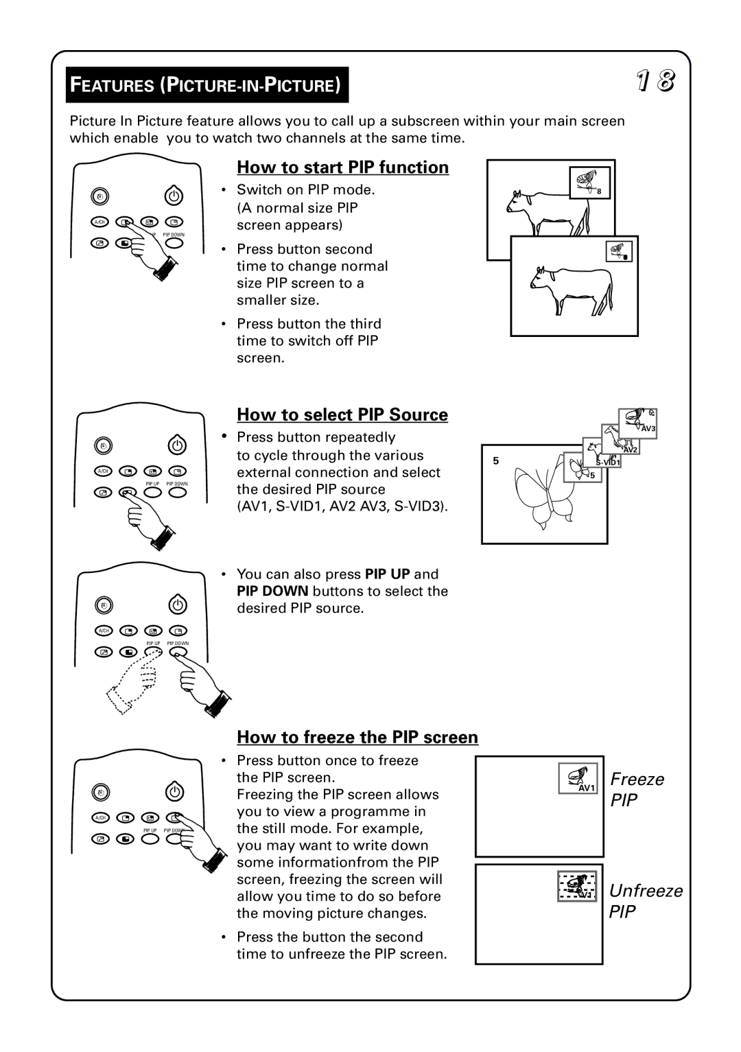 Philips 34PT5633 manual How to start PIP function, How to select PIP Source, How to freeze the PIP screen 