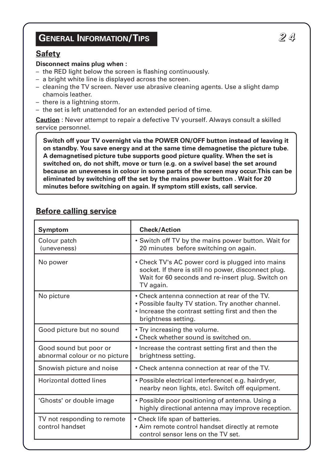 Philips 34PT5633 manual Safety, Before calling service, General INFORMATION/TIPS, Disconnect mains plug when 