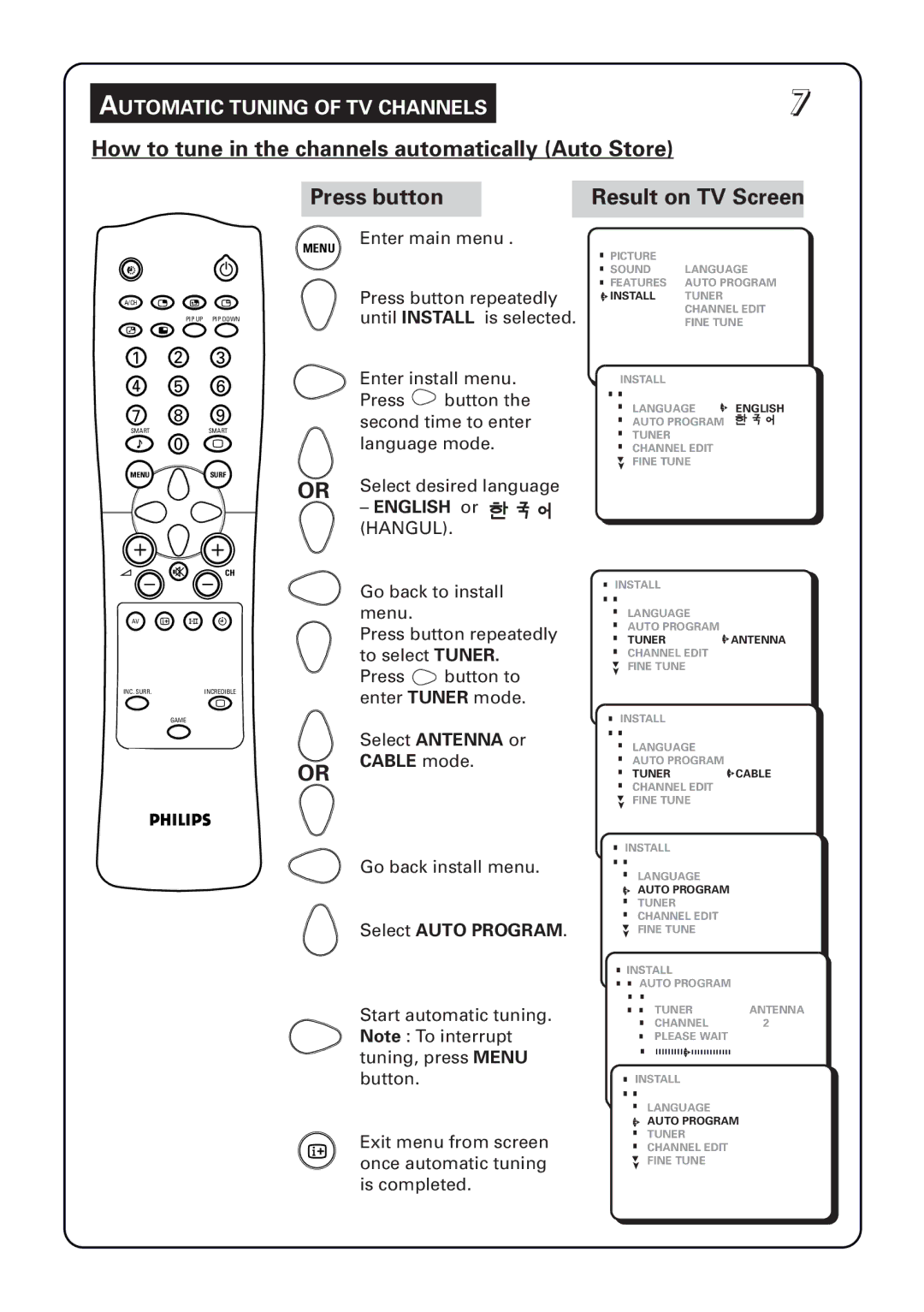 Philips 34PT5633 manual Automatic Tuning of TV Channels, English or Hangul, Cable mode, Select Auto Program 