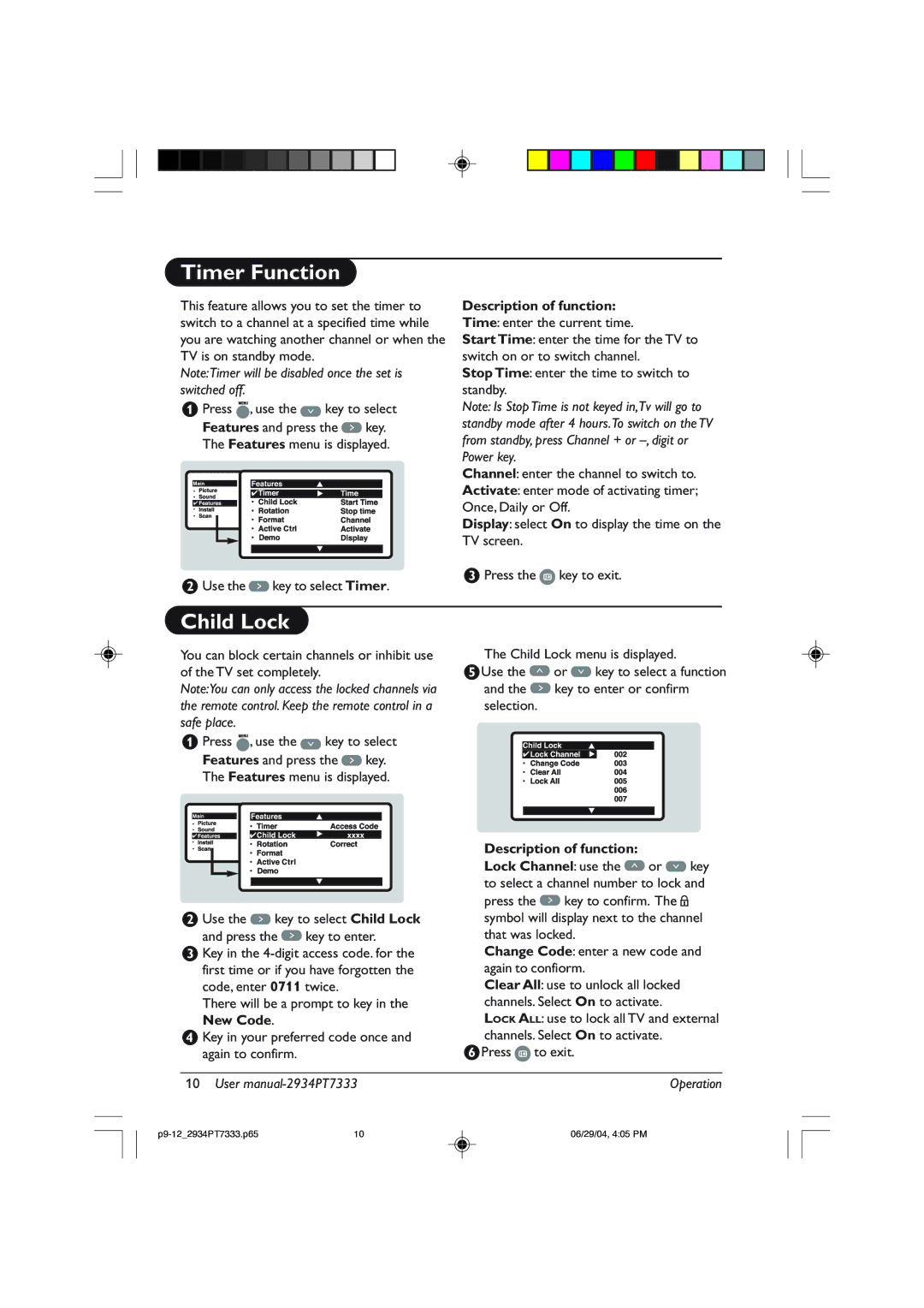 Philips 34PT7333, 29PT7333/93R Timer Function, Child Lock, Description of function Lock Channel use, New Code 