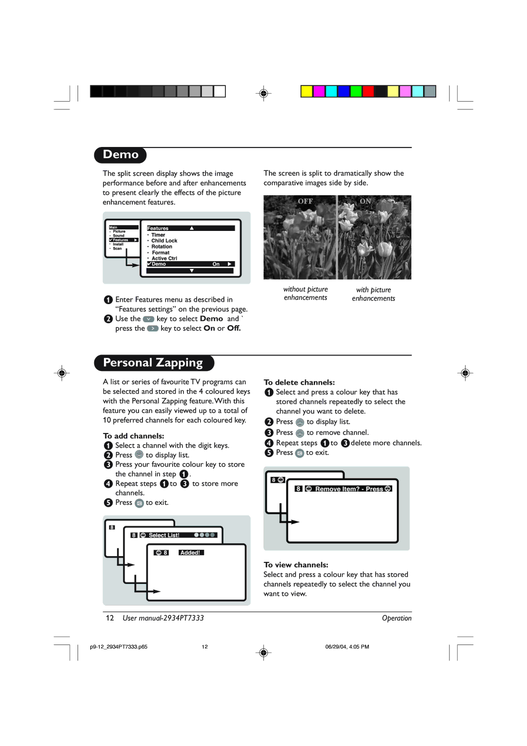 Philips 34PT7333, 29PT7333/93R user manual Demo, Personal Zapping, To add channels, To delete channels, To view channels 