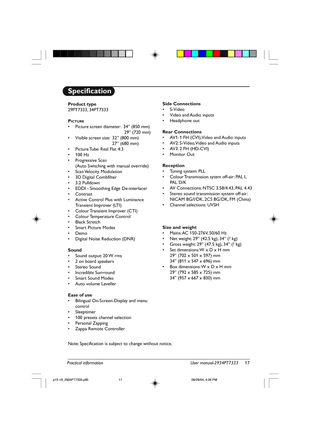 Philips 29PT7333/93R, 34PT7333 user manual Specification 