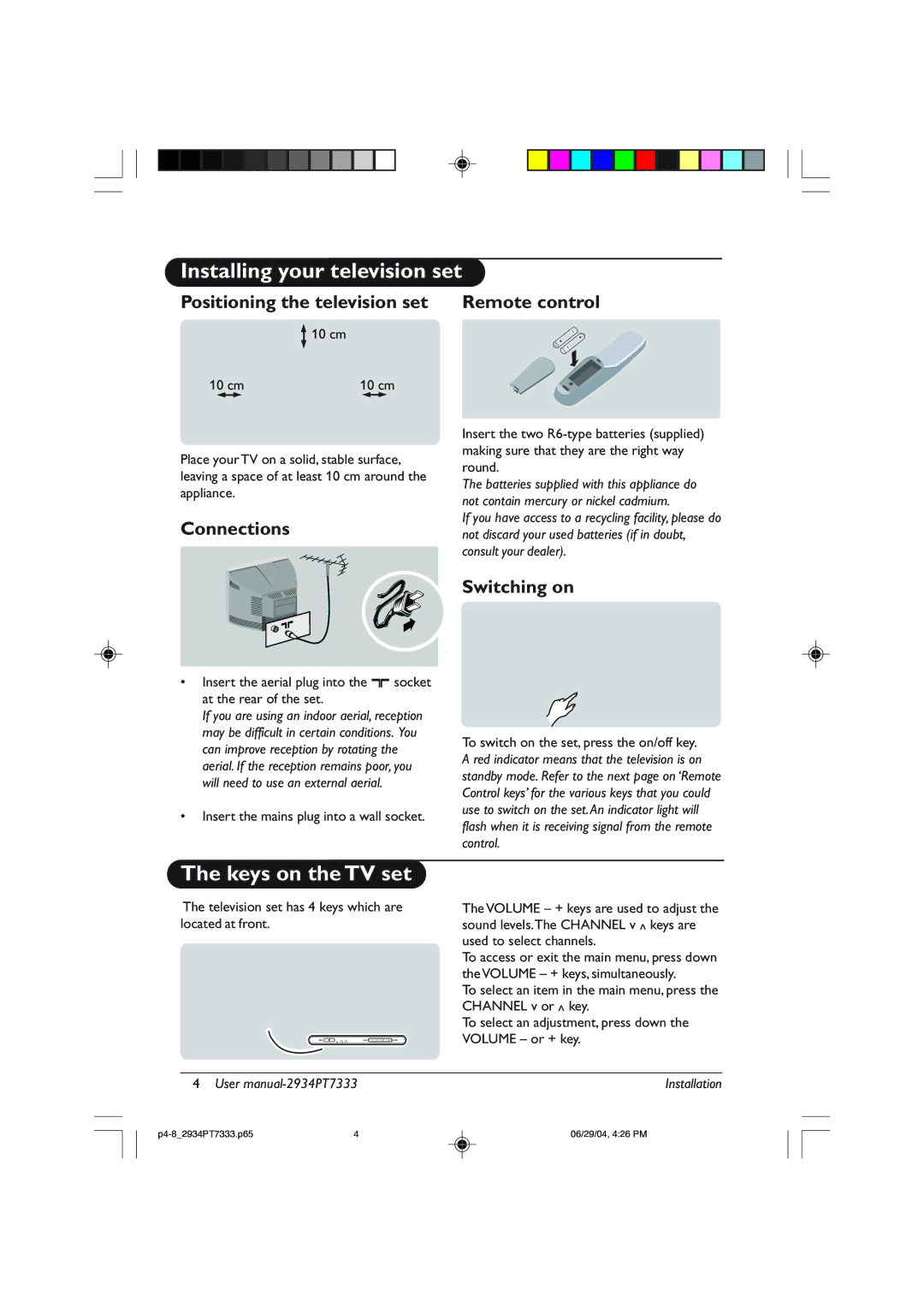 Philips 34PT7333, 29PT7333/93R user manual Installing your television set, Keys on the TV set 