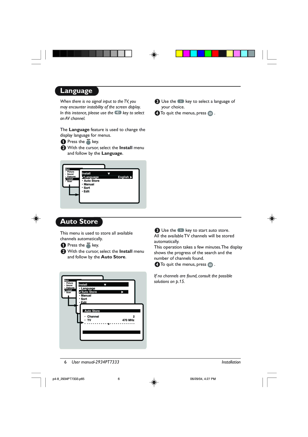 Philips 34PT7333, 29PT7333/93R user manual Language, Auto Store 