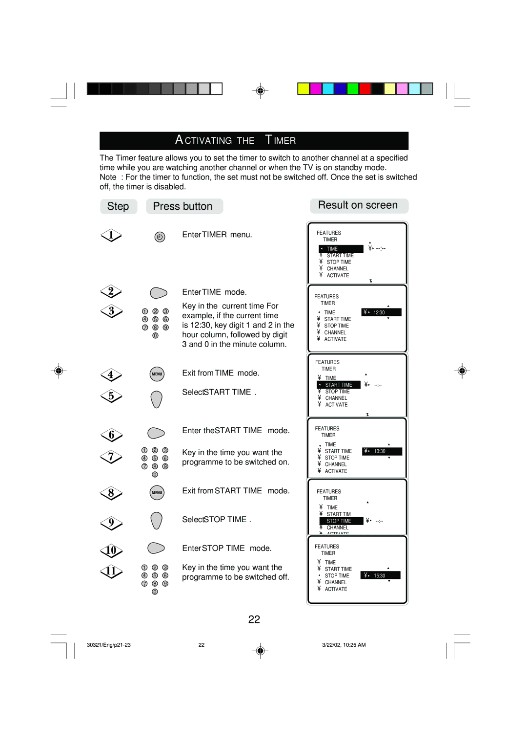 Philips 34PT8420 operating instructions Activating the Timer, Select Start Time, Select Stop Time 