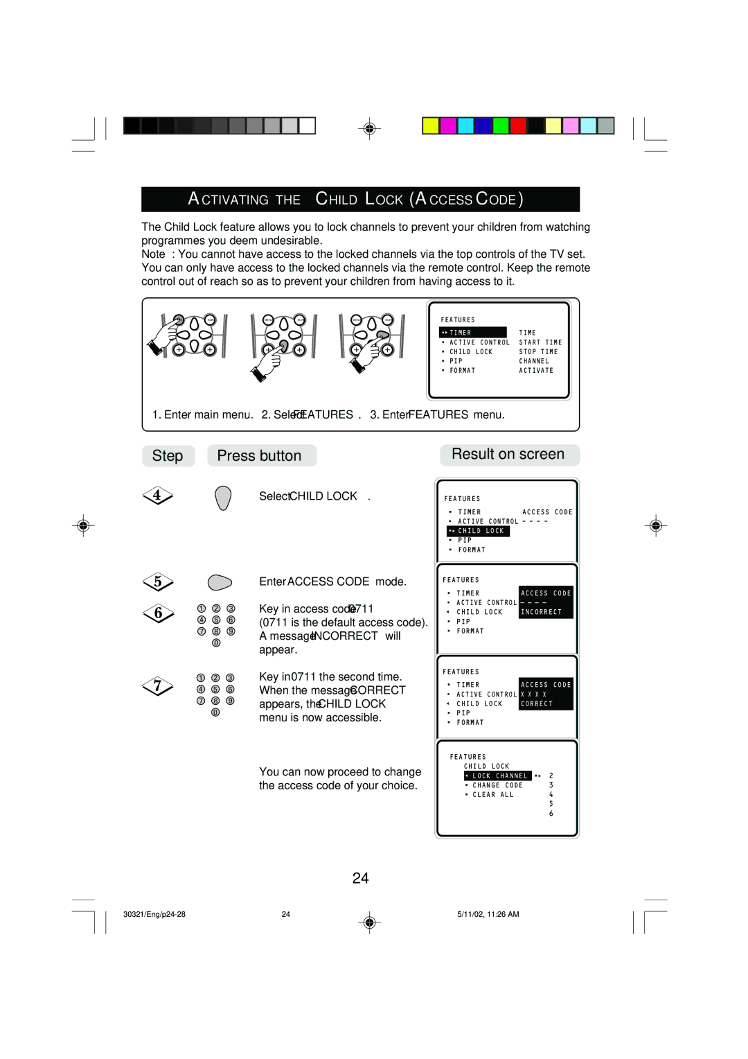 Philips 34PT8420 operating instructions Activating the Child Lock Access Code, Select Child Lock Enter Access Code mode 