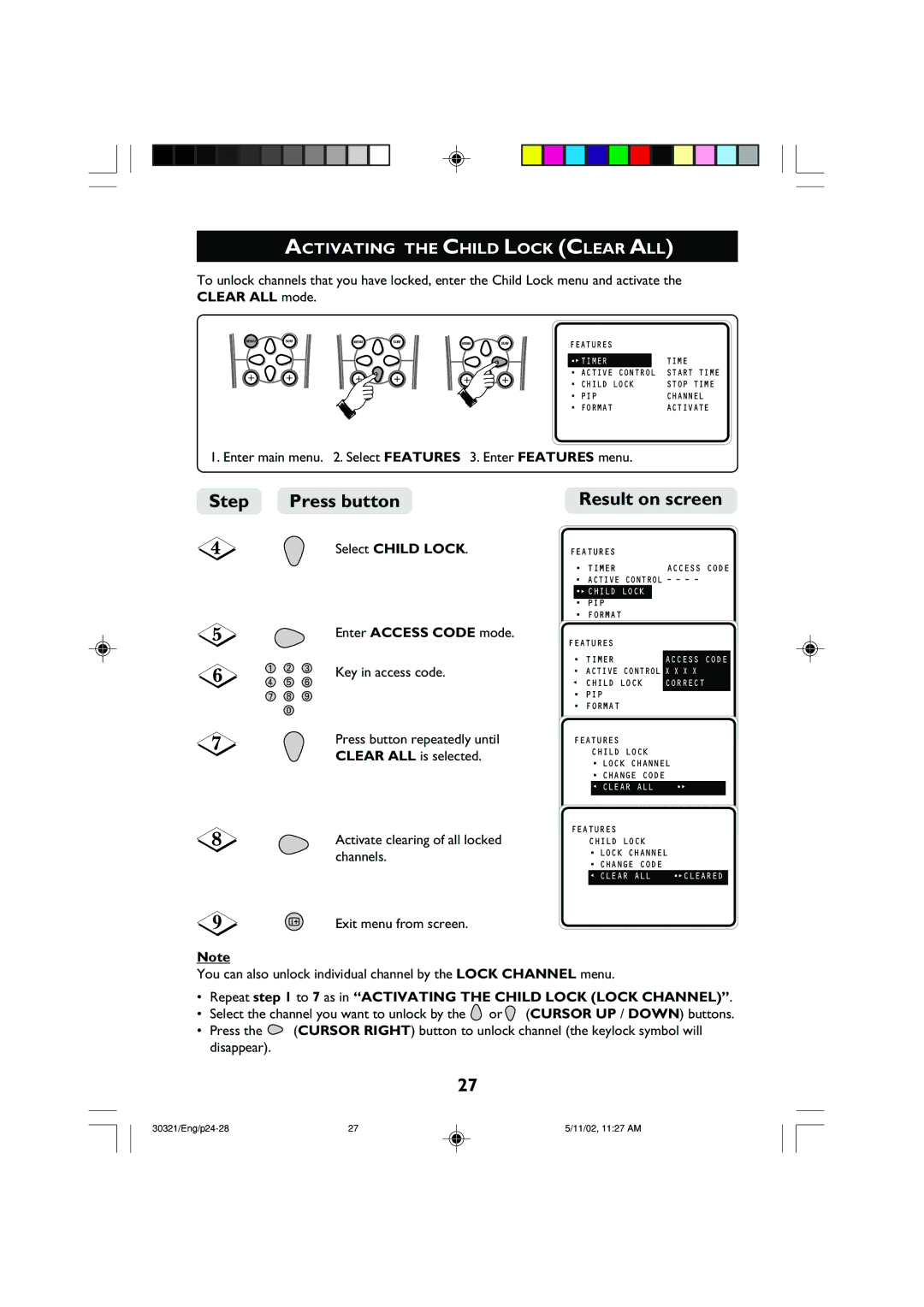 Philips 34PT8420 operating instructions Activating the Child Lock Clear ALL, Clear ALL mode 