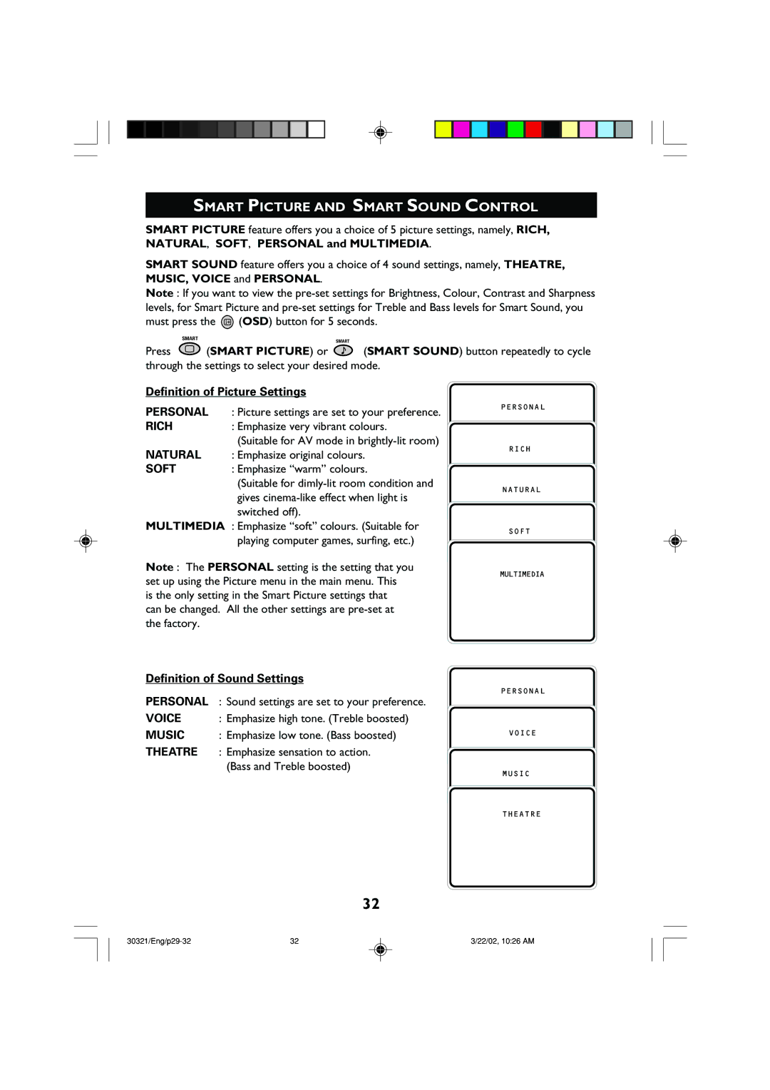 Philips 34PT8420 Smart Picture and Smart Sound Control, Definition of Picture Settings, Definition of Sound Settings 