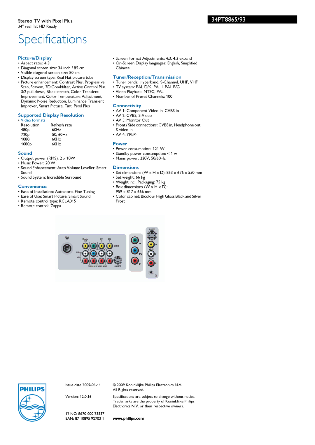 Philips 34PT8865/93 manual Specifications 