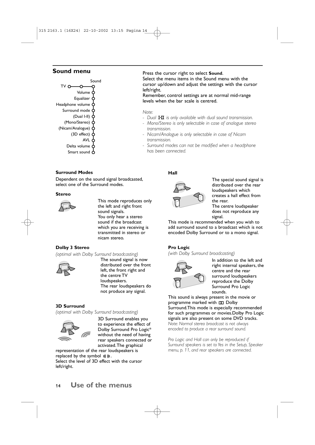 Philips 34PT9420/69R manual Sound menu 