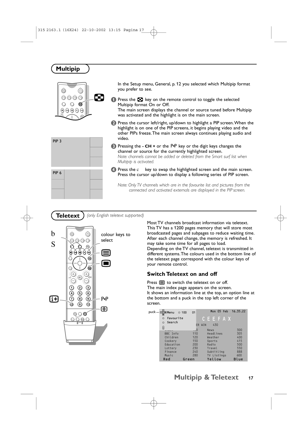 Philips 34PT9420/69R manual Multipip & Teletext, Switch Teletext on and off 