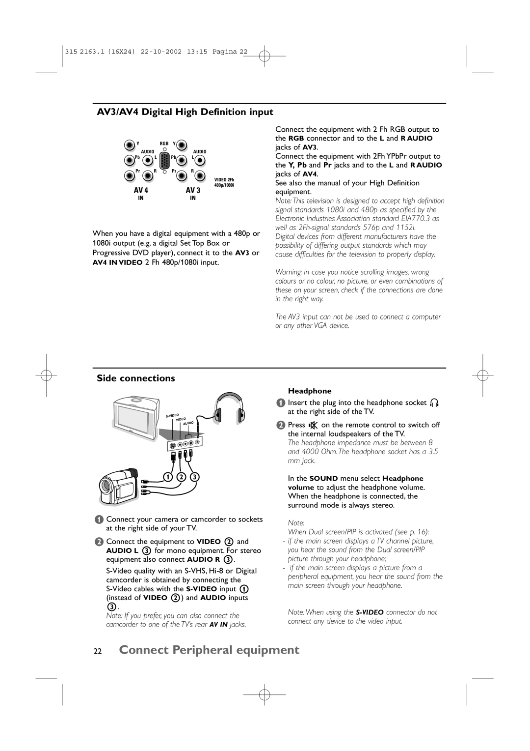 Philips 34PT9420/69R manual AV3/AV4 Digital High Definition input, Side connections, Headphone 