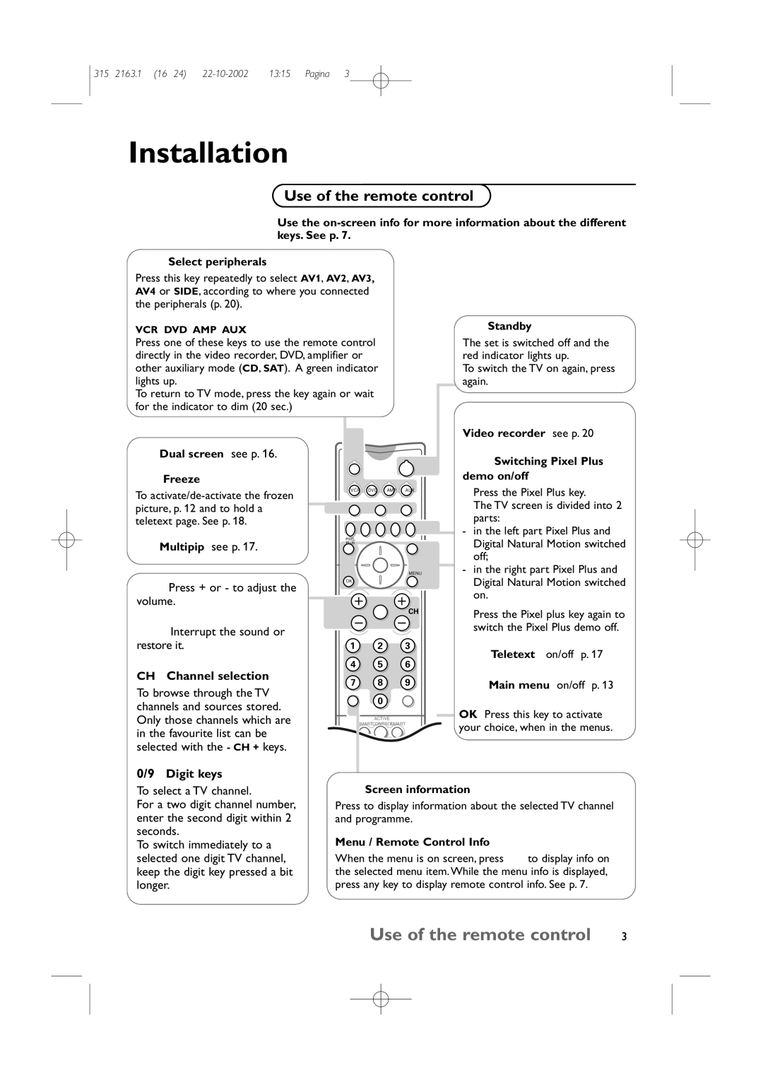 Philips 34PT9420/69R Use of the remote control, ¬ Interrupt the sound or Restore it, CH Channel selection, Digit keys 