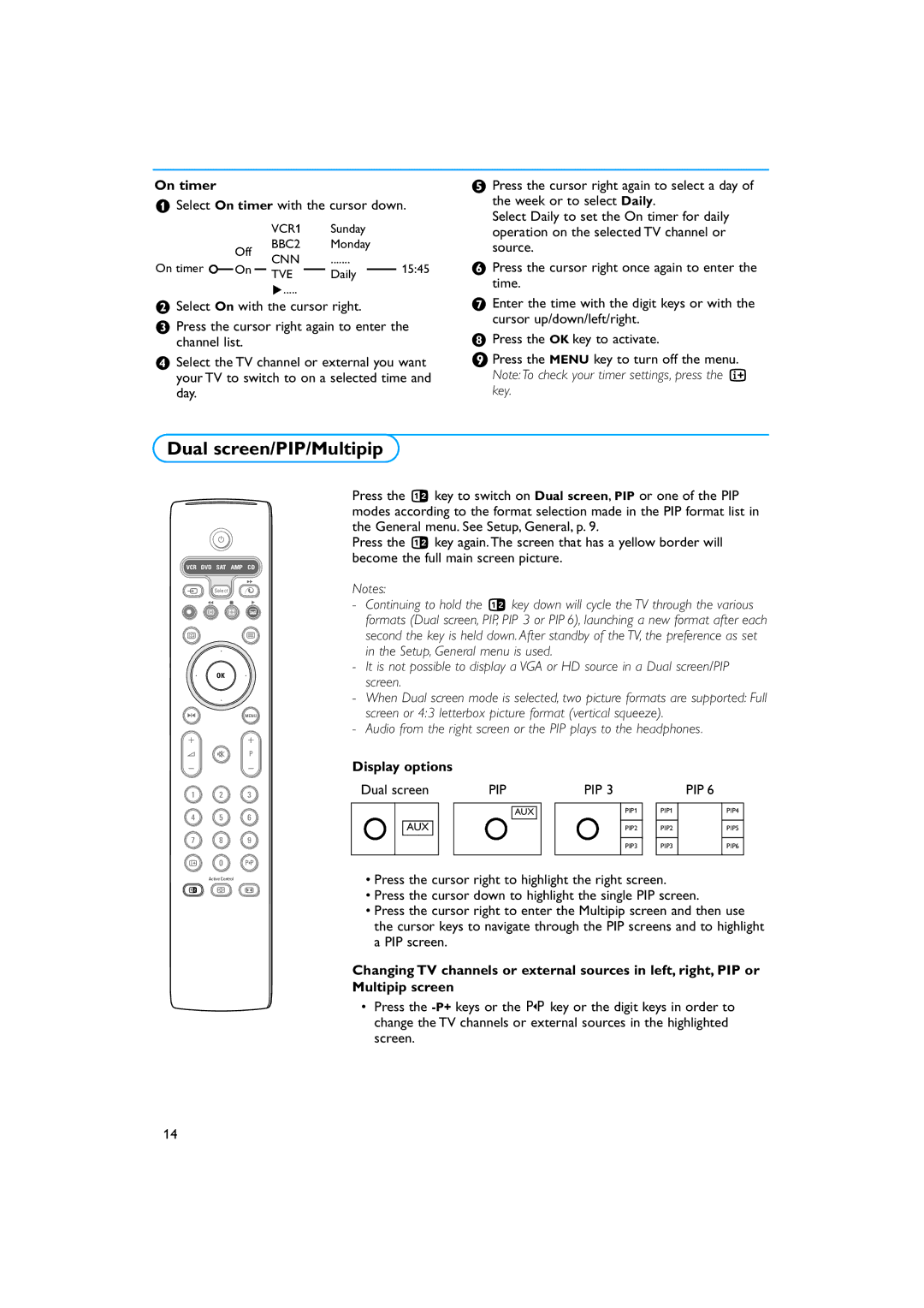 Philips 34PT9421 /93 manual Dual screen/PIP/Multipip, Select On timer with the cursor down, Display options 