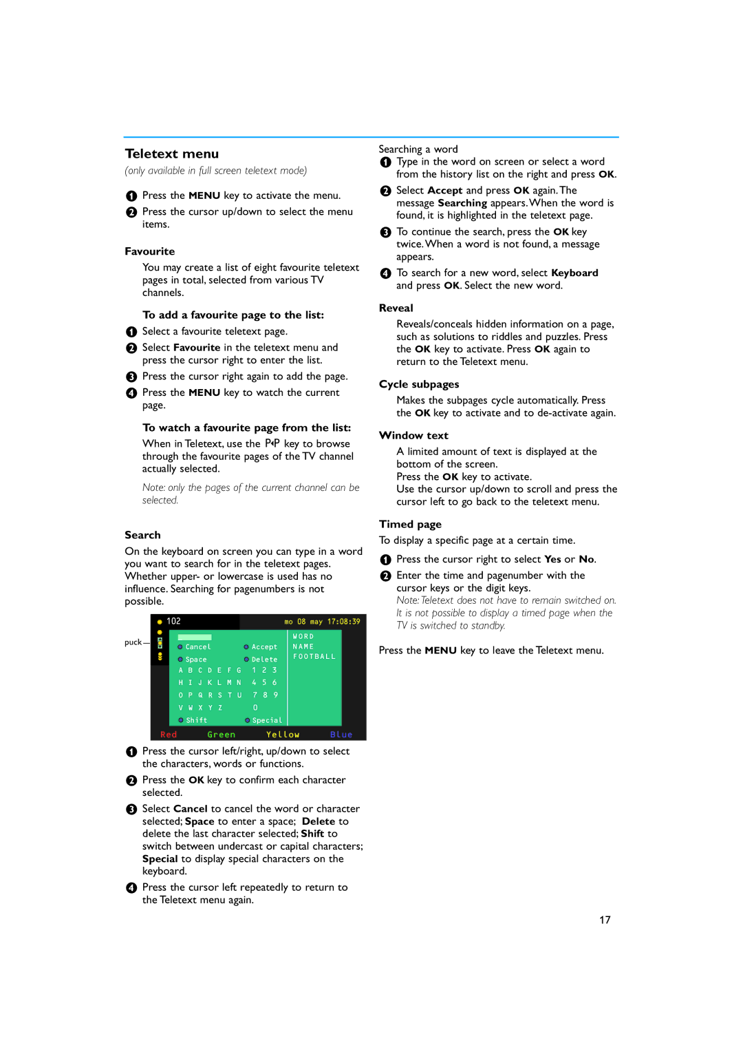 Philips 34PT9421 /93 manual Teletext menu 