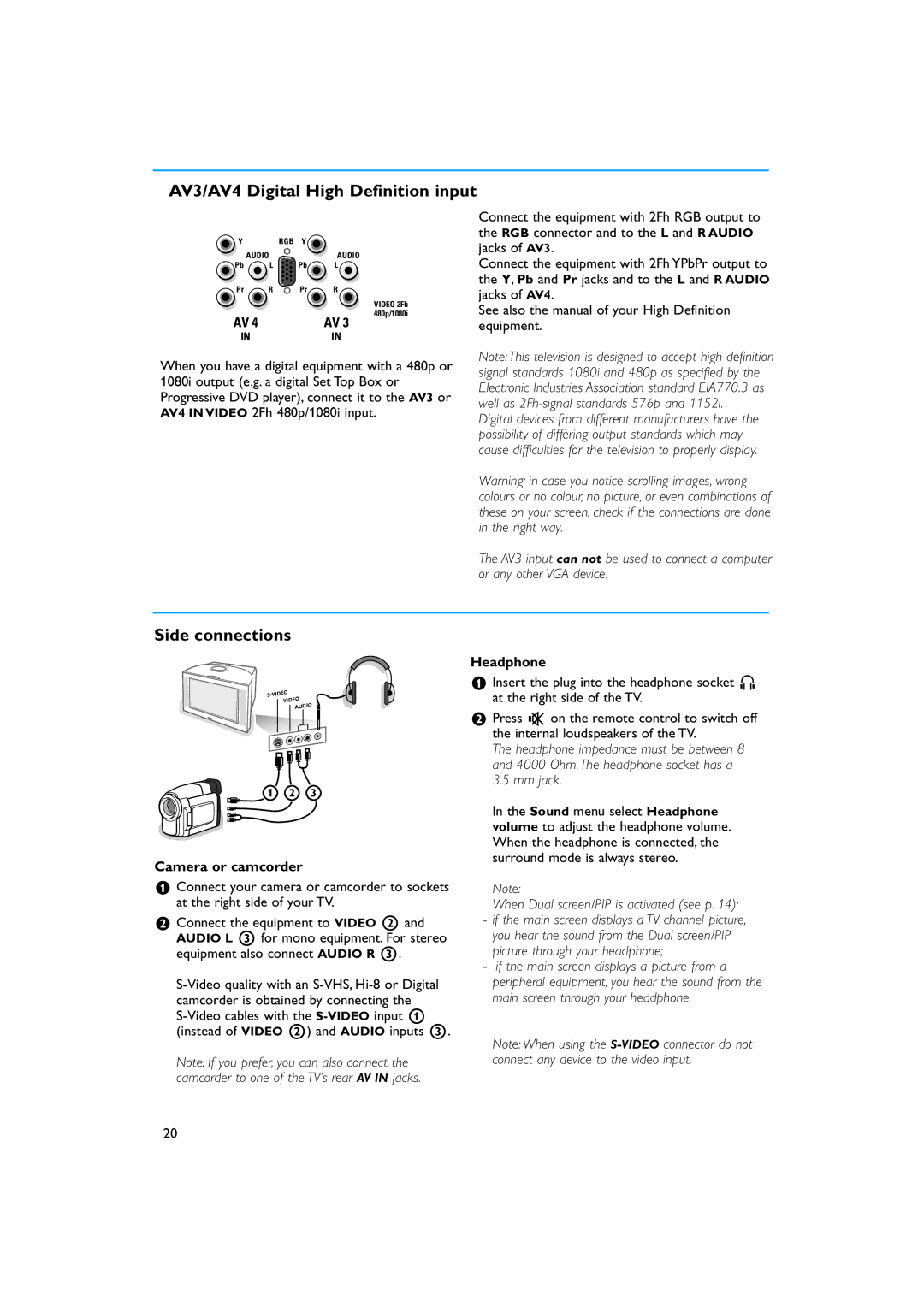 Philips 34PT9421 /93 manual AV3/AV4 Digital High Definition input, Side connections, Camera or camcorder, Headphone 